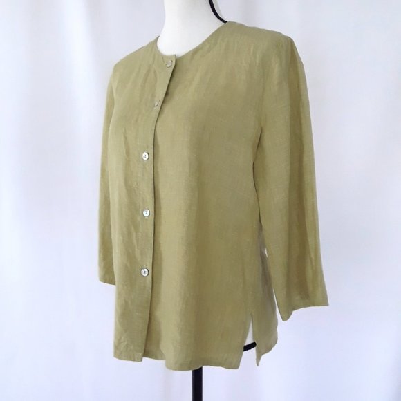 Vintage 1990s Avocado Green Linen 3/4 Sleeve Blouse - Picture 5 of 12
